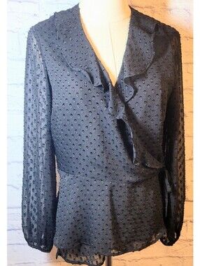 Banana Republic Textured Blouse V Neck Ruffle Tie Waist Women's Black Size S